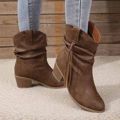 Retro Tassel Mid-Calf Western Boots